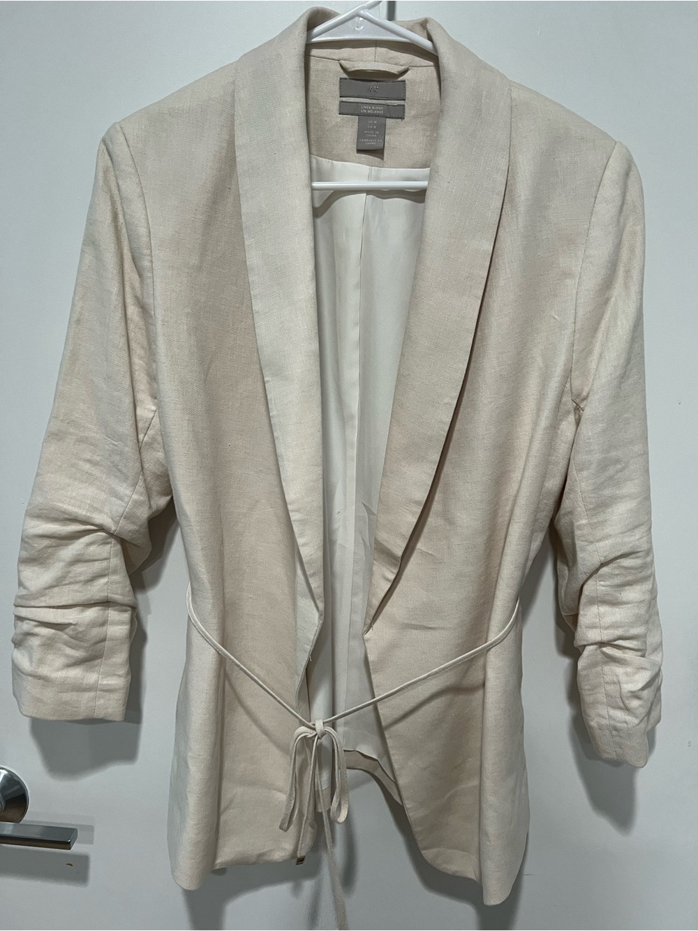 Cream linen blend blazer with tie waist